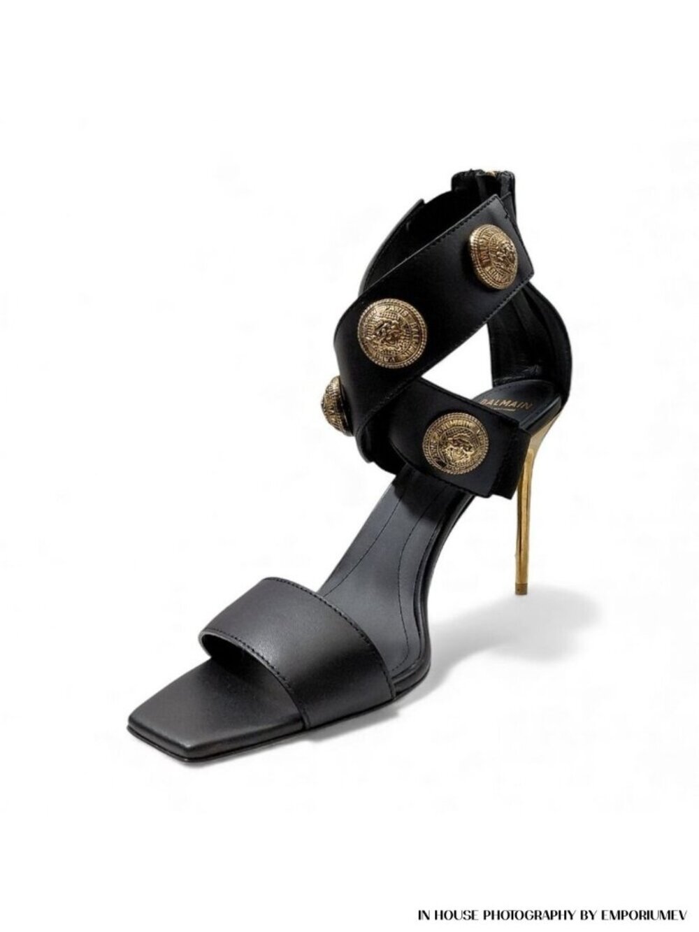 Balmain Alma Black Leather Stiletto Sandals with Gold-Tone Buttons (0572)